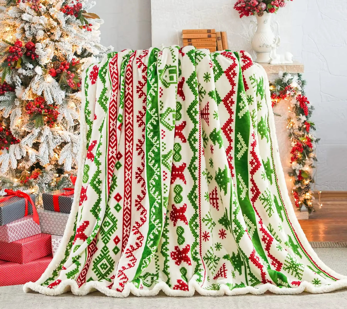 Navidad Christmas Reindeer Throw Blanket Double Layer Thicken Fluffy Soft Fleece Flannel Santa Claus Snowman Blanket Home Gift