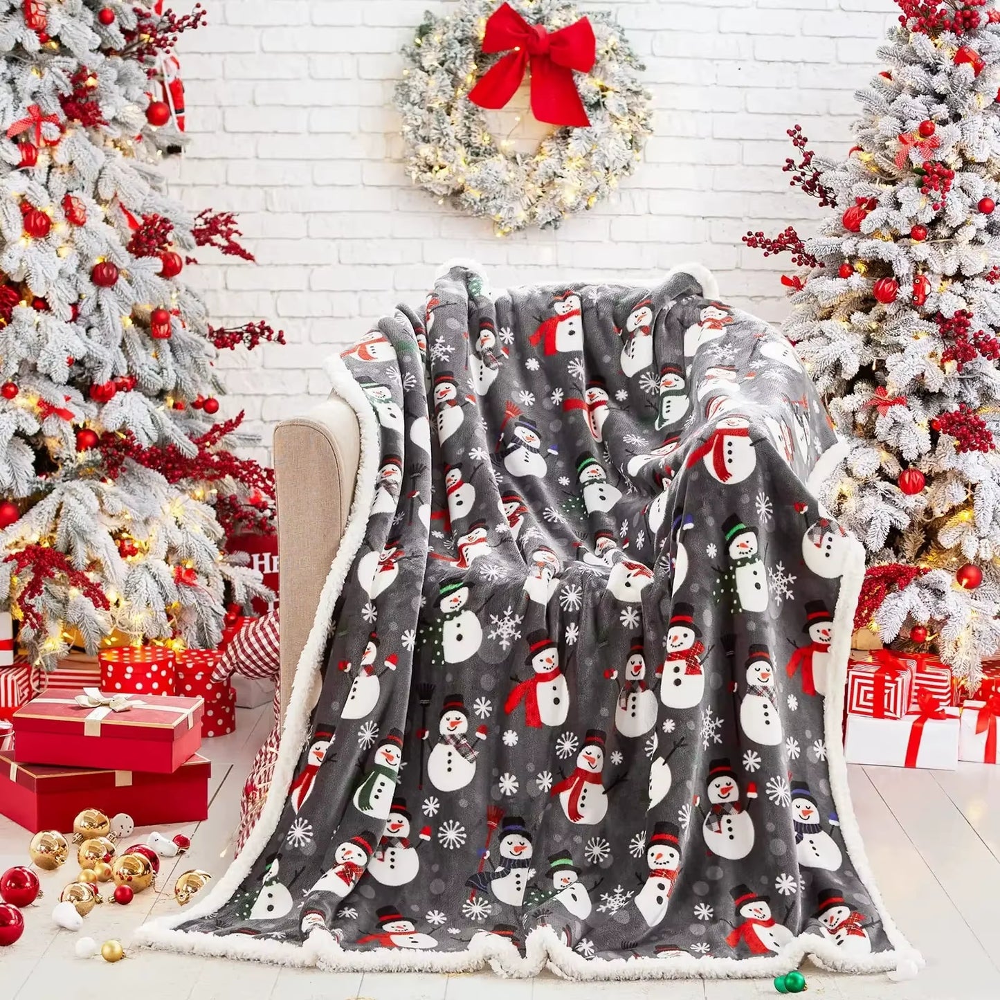 Navidad Christmas Reindeer Throw Blanket Double Layer Thicken Fluffy Soft Fleece Flannel Santa Claus Snowman Blanket Home Gift