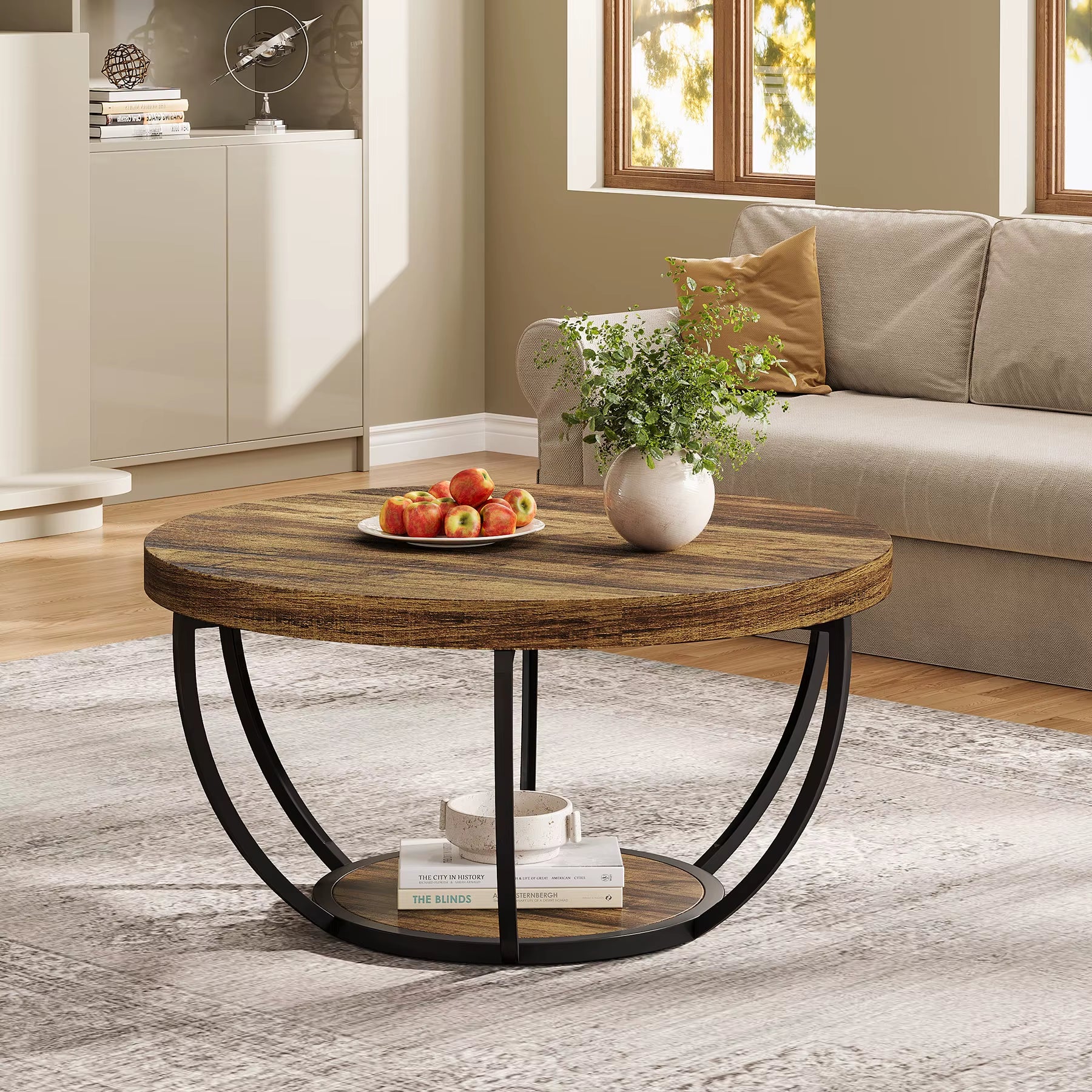 31.7" round Coffee Table, Industrial 2-Tier Circle Coffee Table with Storage Shelves, Modern Wooden Sofa Side Table