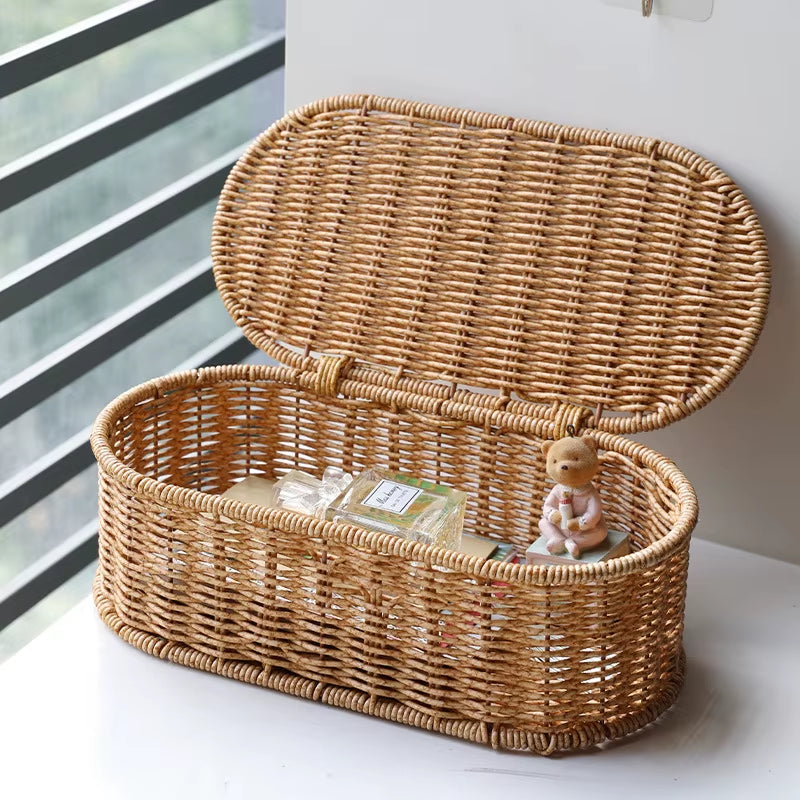 Bohemian Imitation Rattan Storage Basket - Woven Storage Box, Dust-Proof Cutlery Frame, Home Decoration Basket Kitchen Organizer