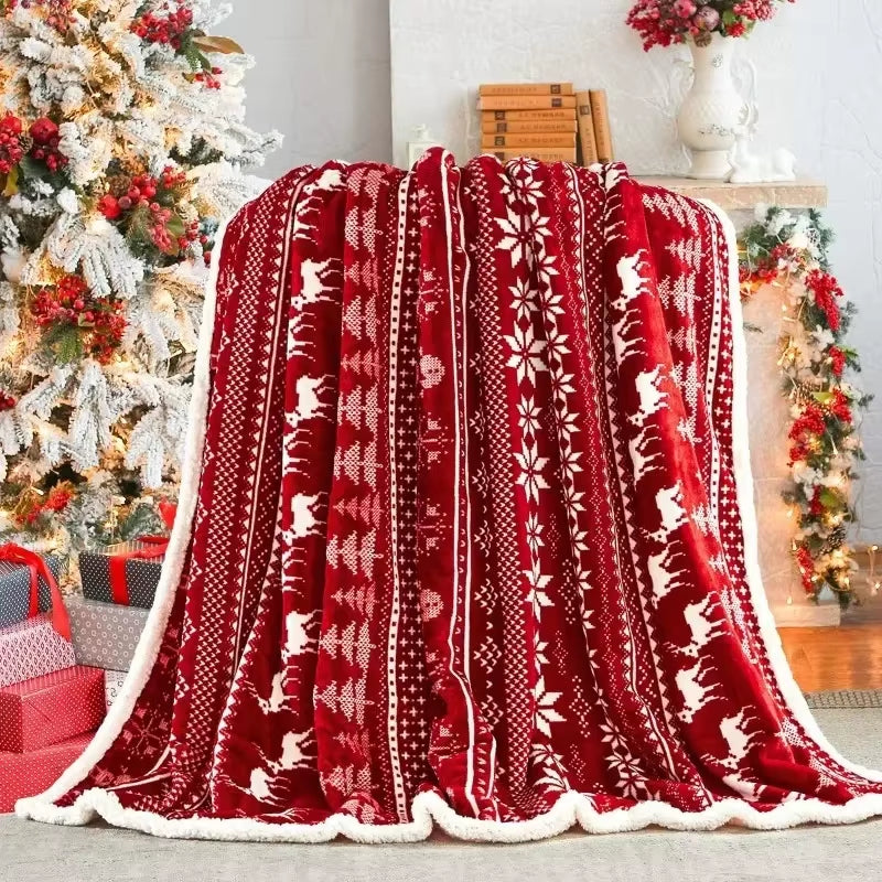 Navidad Christmas Reindeer Throw Blanket Double Layer Thicken Fluffy Soft Fleece Flannel Santa Claus Snowman Blanket Home Gift