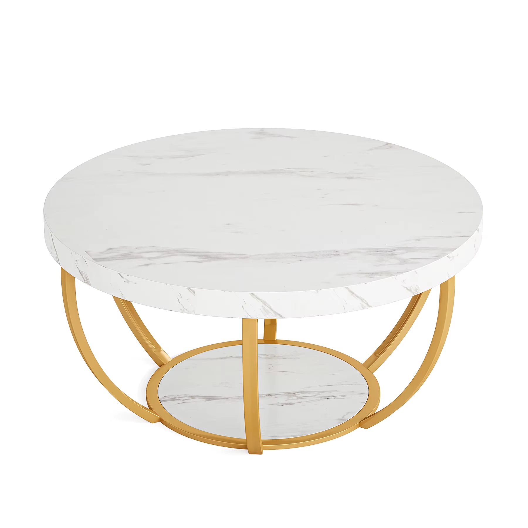 31.7" round Coffee Table, Industrial 2-Tier Circle Coffee Table with Storage Shelves, Modern Wooden Sofa Side Table