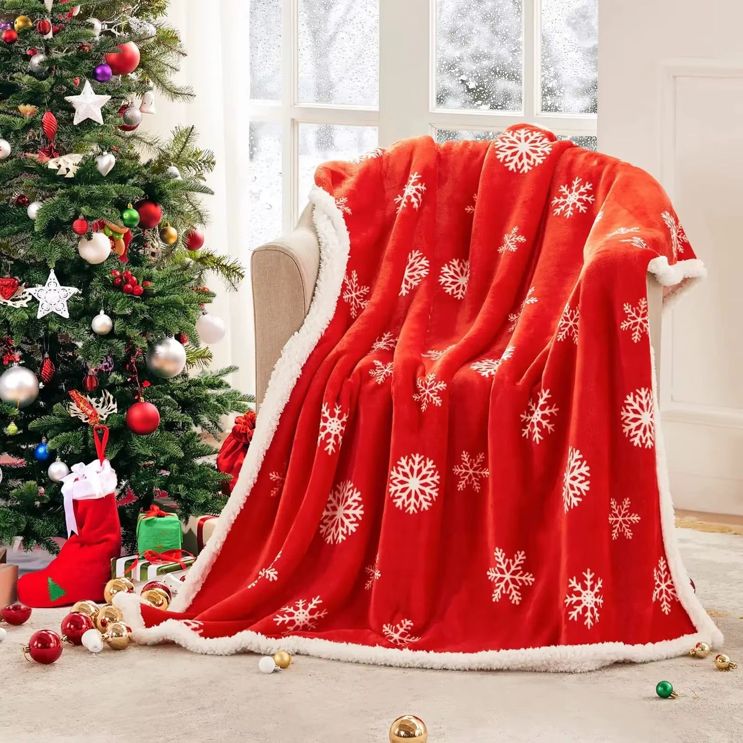 Navidad Christmas Reindeer Throw Blanket Double Layer Thicken Fluffy Soft Fleece Flannel Santa Claus Snowman Blanket Home Gift