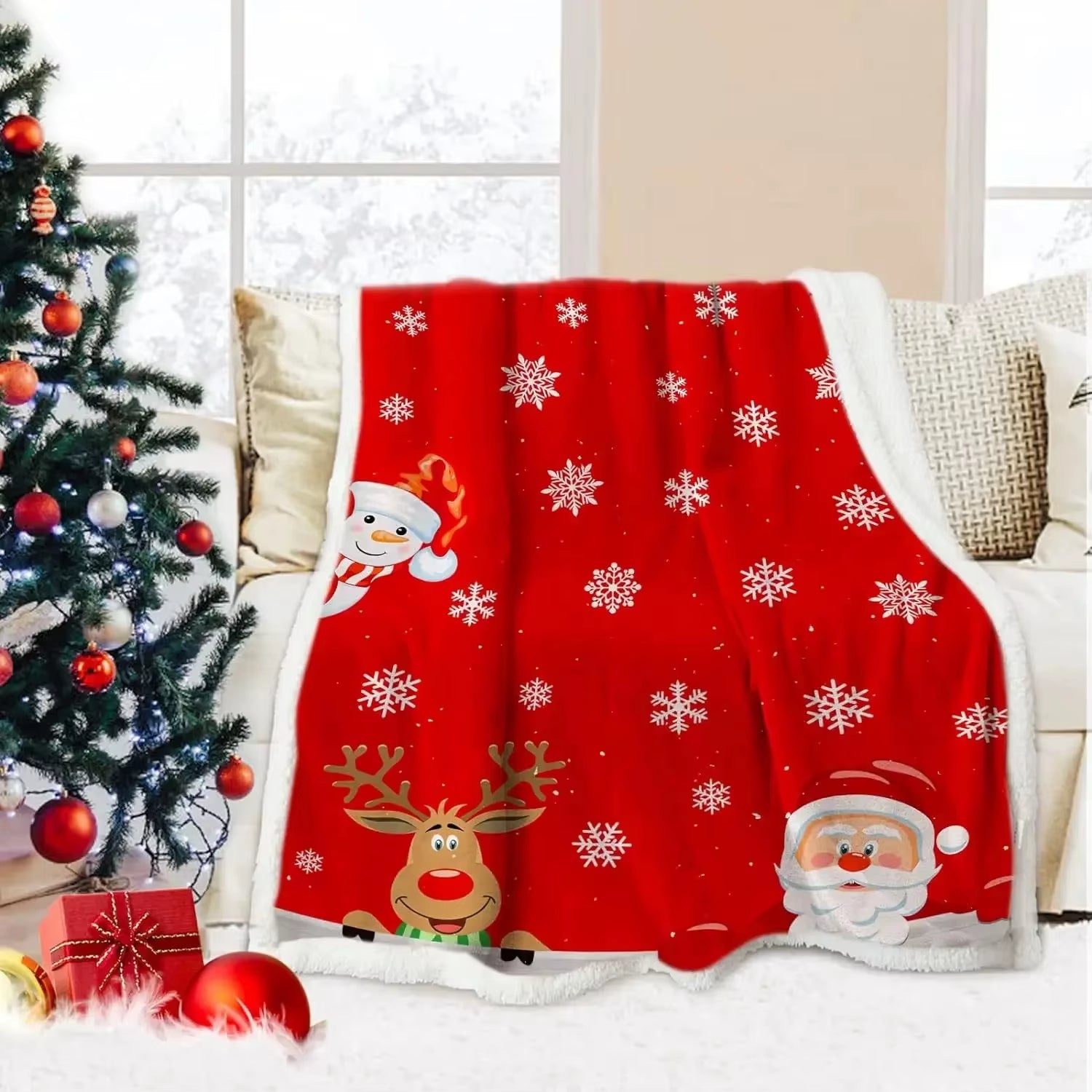 Navidad Christmas Reindeer Throw Blanket Double Layer Thicken Fluffy Soft Fleece Flannel Santa Claus Snowman Blanket Home Gift