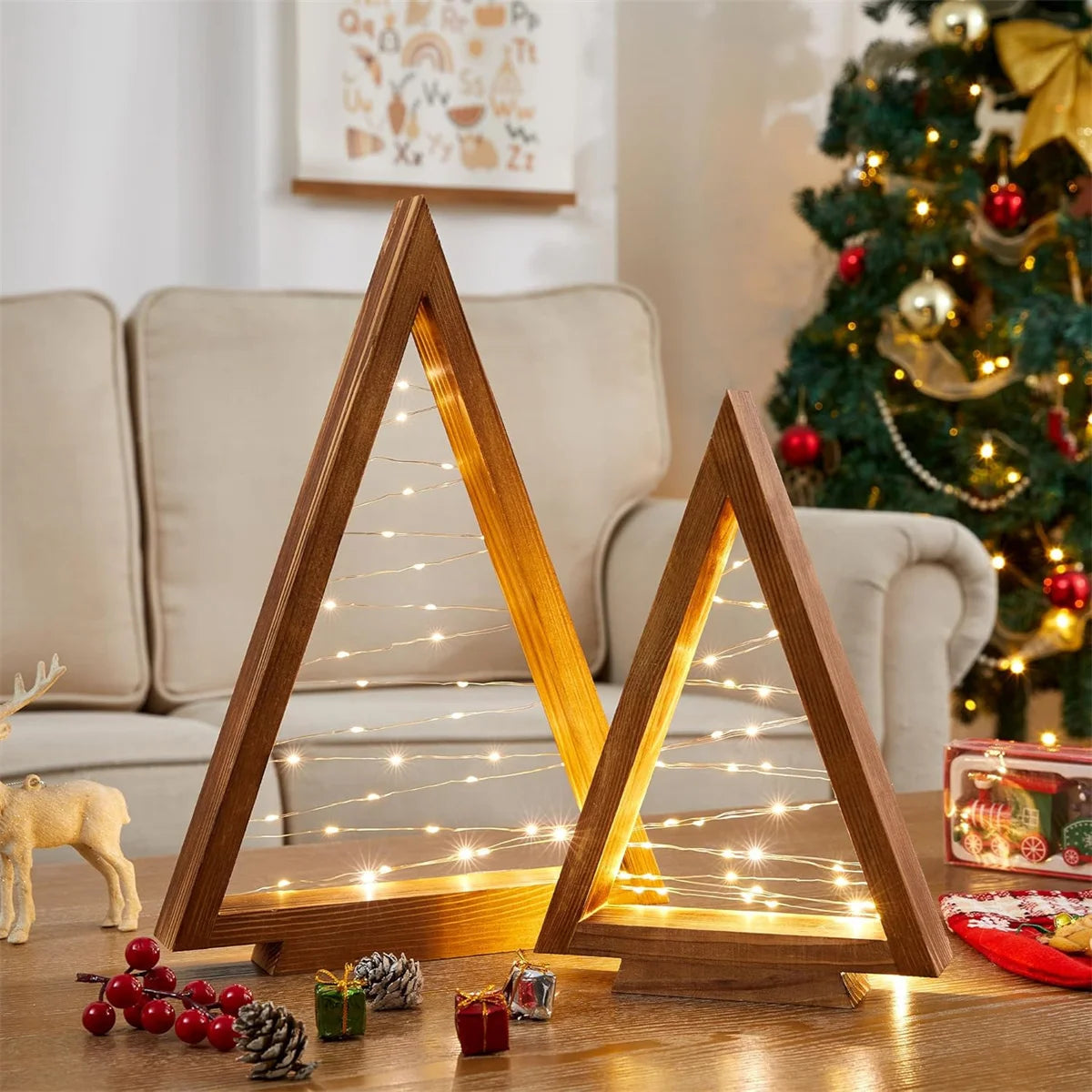 2Pcs/Set Wood Christmas Tree with Lights, Modern Farmhouse Lighted Tabletop Christmas Tree for Christmas Holiday Decorations