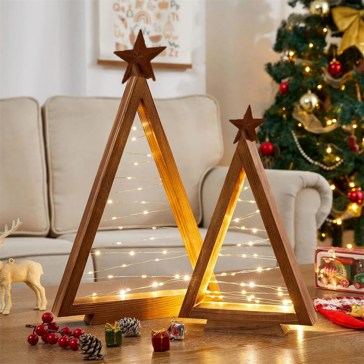 2Pcs/Set Wood Christmas Tree with Lights, Modern Farmhouse Lighted Tabletop Christmas Tree for Christmas Holiday Decorations
