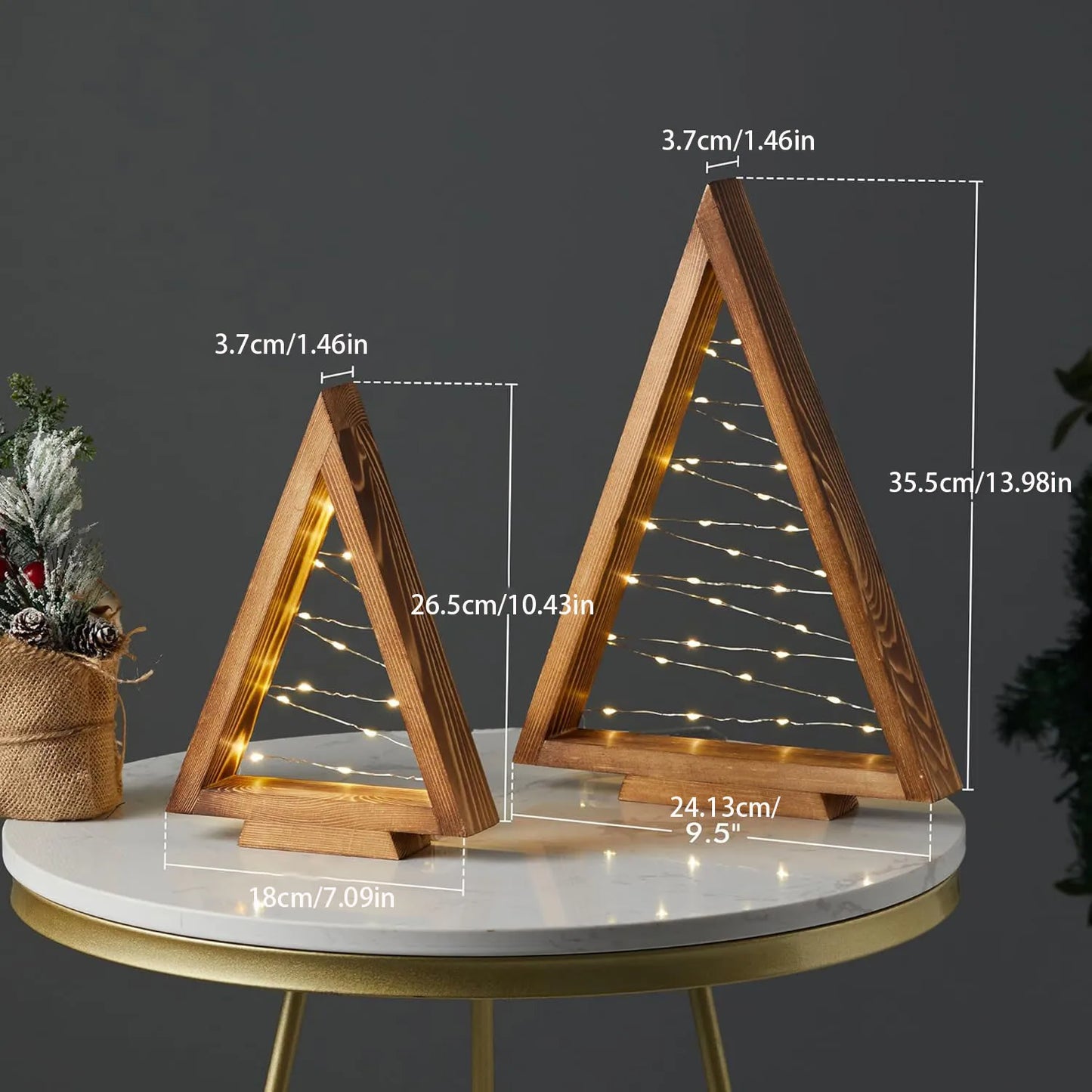 2Pcs/Set Wood Christmas Tree with Lights, Modern Farmhouse Lighted Tabletop Christmas Tree for Christmas Holiday Decorations