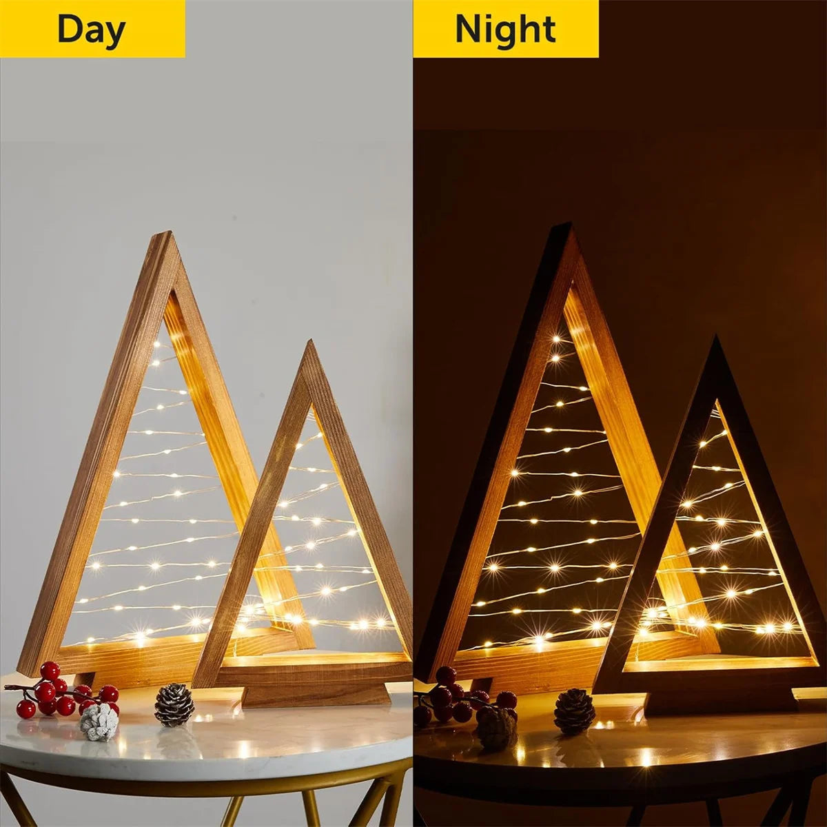2Pcs/Set Wood Christmas Tree with Lights, Modern Farmhouse Lighted Tabletop Christmas Tree for Christmas Holiday Decorations