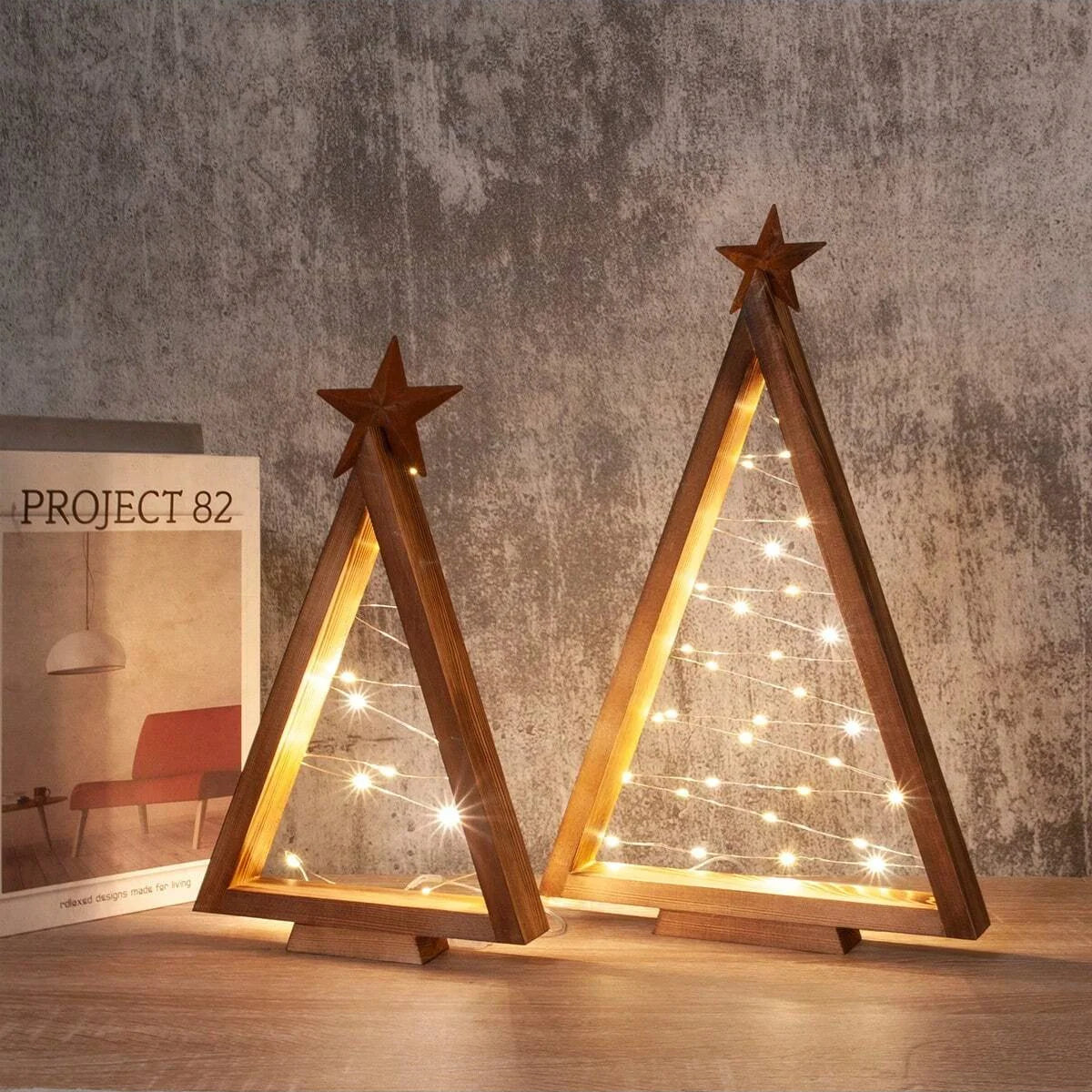 2Pcs/Set Wood Christmas Tree with Lights, Modern Farmhouse Lighted Tabletop Christmas Tree for Christmas Holiday Decorations