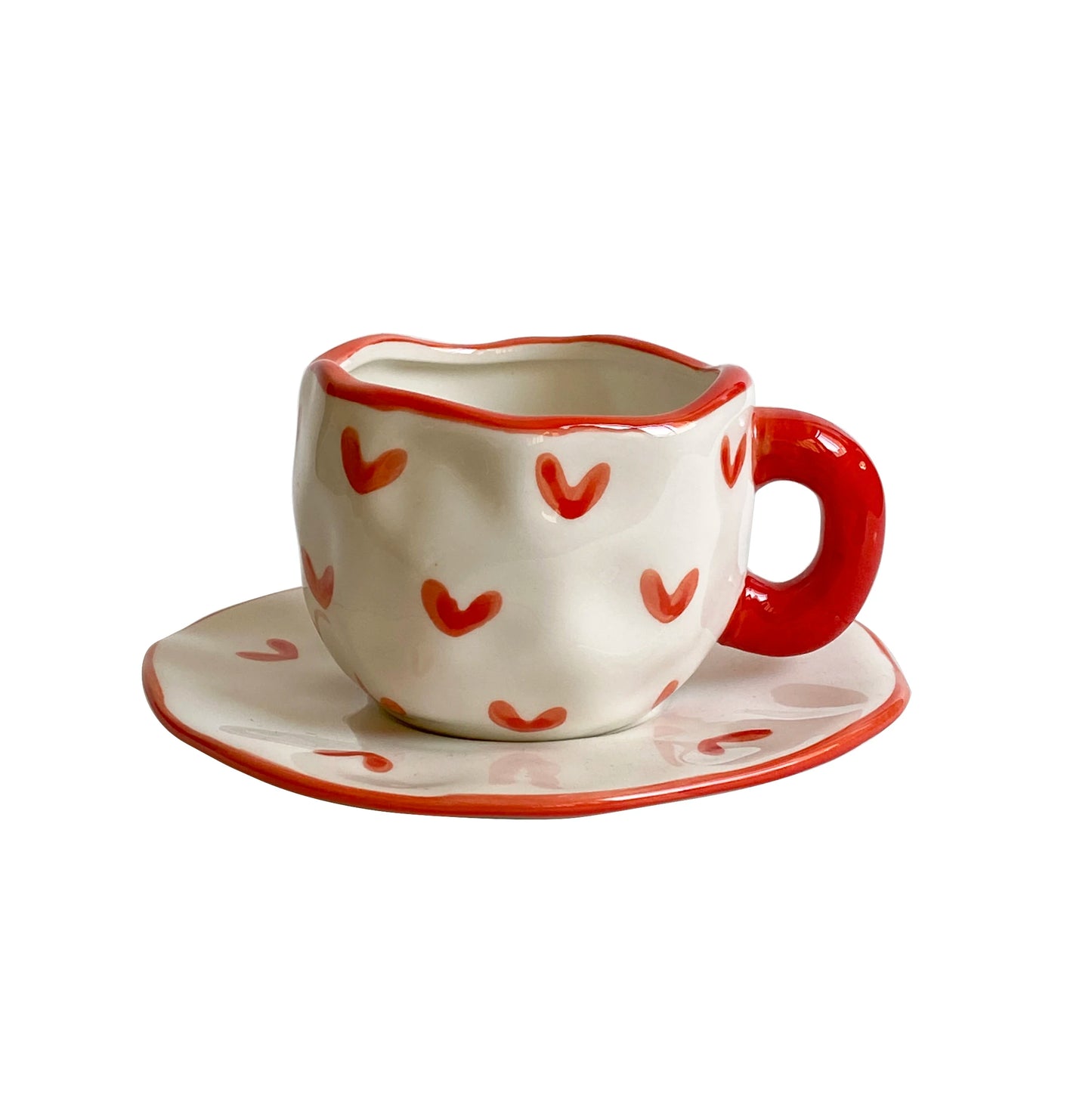 1Set Love Irregular Coffee Cup and Saucer, Creative Design Hand-Plated Irregular Coffee Cup and Saucer, Red Love Coffee Cup Mug, Suitable for Home Decoration Drinking Water, Afternoon Tea Coffee Cake, Couple Date, Candlelight Dinner, Valentine'S Day Gift