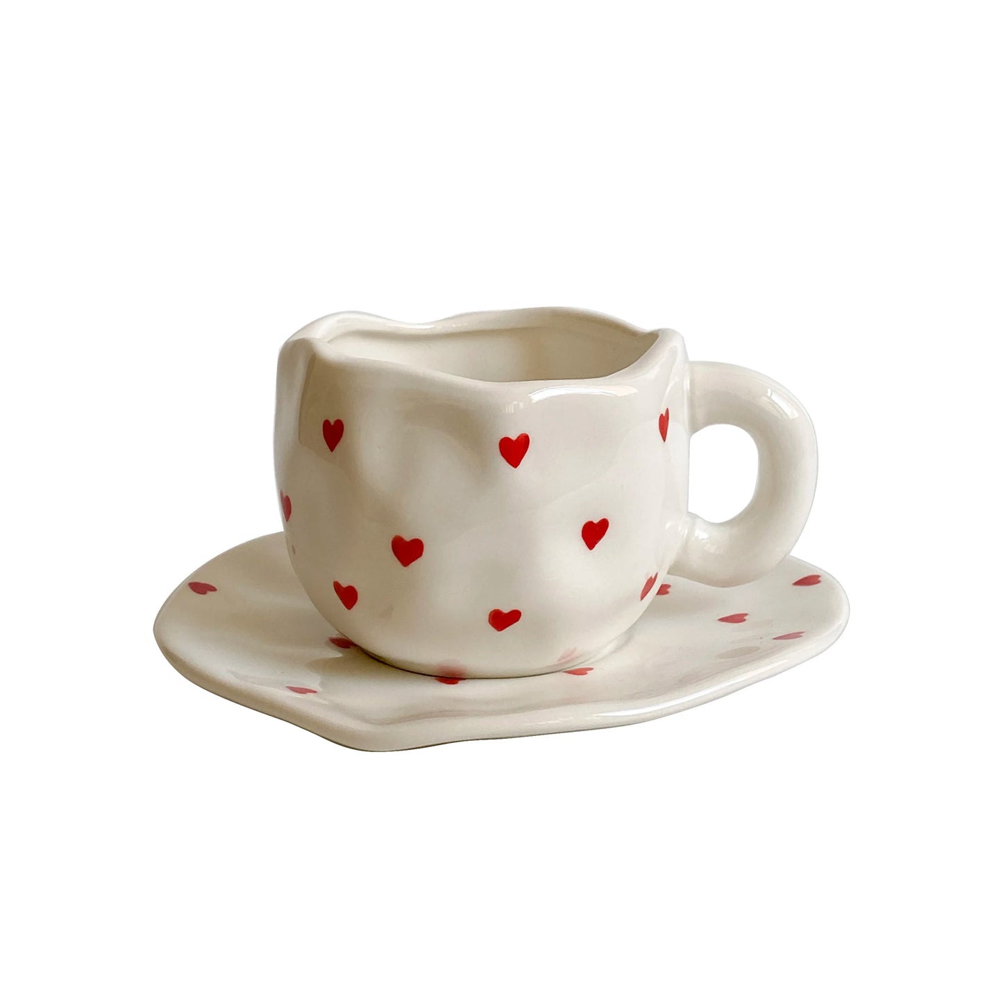 1Set Love Irregular Coffee Cup and Saucer, Creative Design Hand-Plated Irregular Coffee Cup and Saucer, Red Love Coffee Cup Mug, Suitable for Home Decoration Drinking Water, Afternoon Tea Coffee Cake, Couple Date, Candlelight Dinner, Valentine'S Day Gift