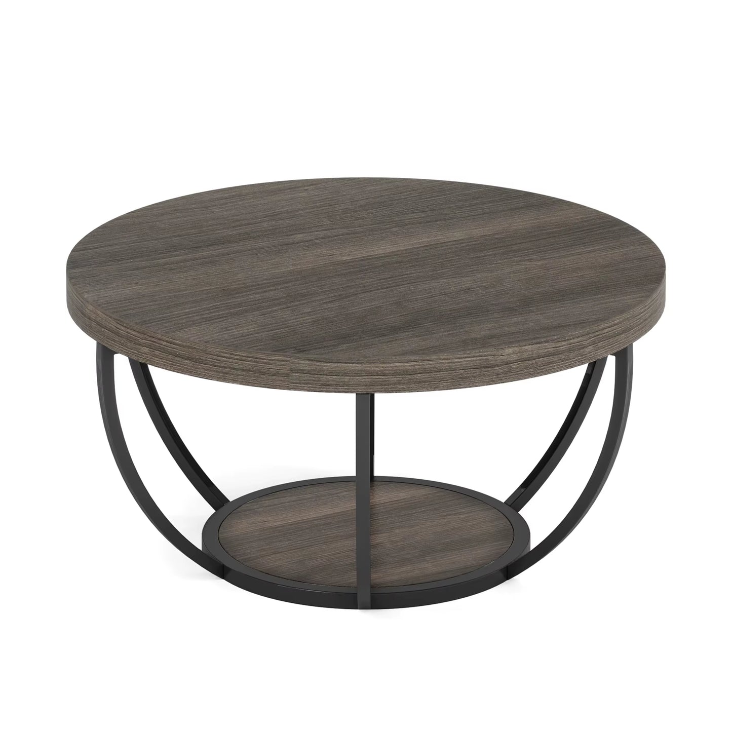 31.7" round Coffee Table, Industrial 2-Tier Circle Coffee Table with Storage Shelves, Modern Wooden Sofa Side Table