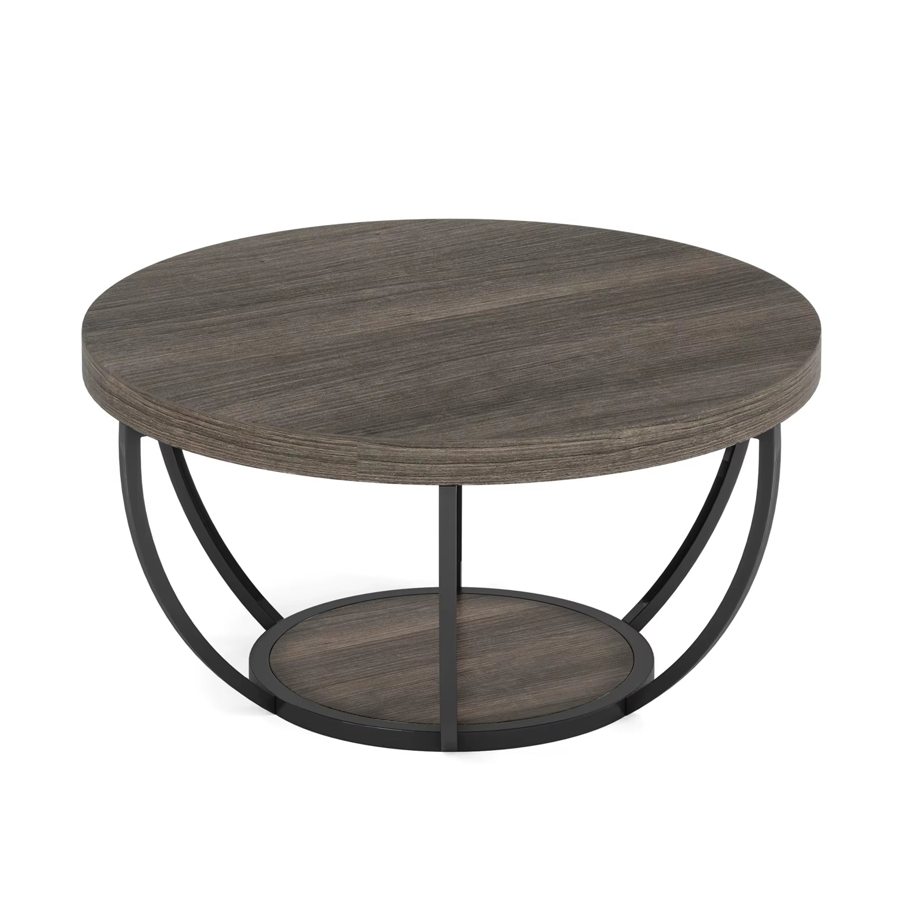 31.7" round Coffee Table, Industrial 2-Tier Circle Coffee Table with Storage Shelves, Modern Wooden Sofa Side Table