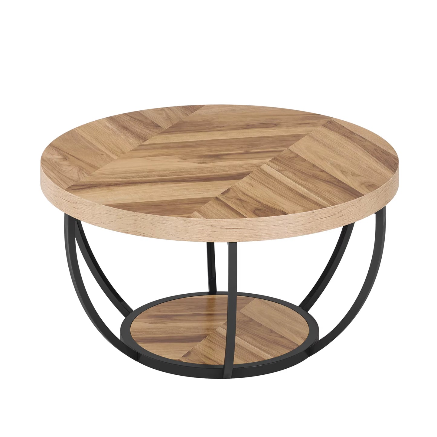 31.7" round Coffee Table, Industrial 2-Tier Circle Coffee Table with Storage Shelves, Modern Wooden Sofa Side Table