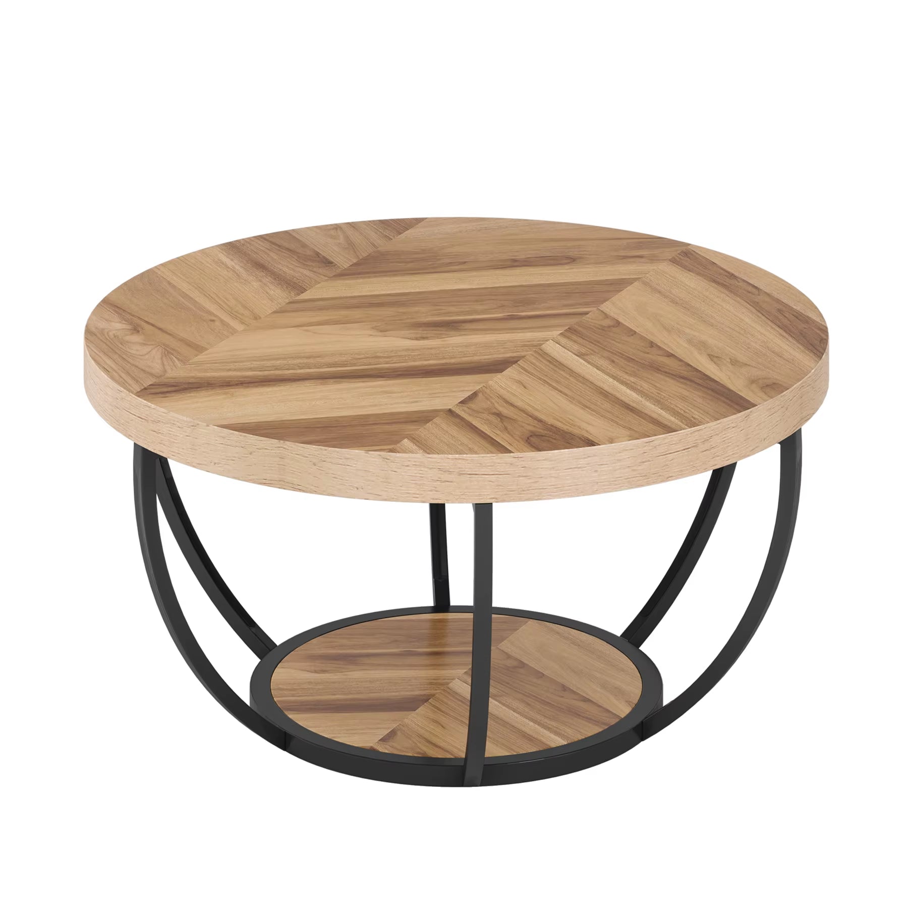 31.7" round Coffee Table, Industrial 2-Tier Circle Coffee Table with Storage Shelves, Modern Wooden Sofa Side Table