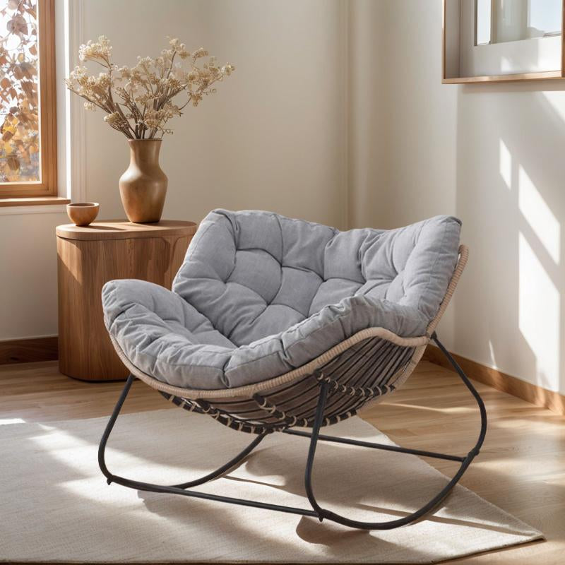 Outdoor/Indoor Rocking Chair,Papasan Chair,Outdoor Patio Porch Furniture,Rattan Wicker Lounge Chair Indoor,Rocker Egg Chair For