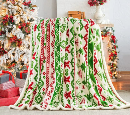 Navidad Christmas Reindeer Throw Blanket Double Layer Thicken Fluffy Soft Fleece Flannel Santa Claus Snowman Blanket Home Gift