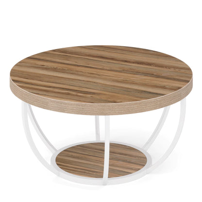 31.7" round Coffee Table, Industrial 2-Tier Circle Coffee Table with Storage Shelves, Modern Wooden Sofa Side Table