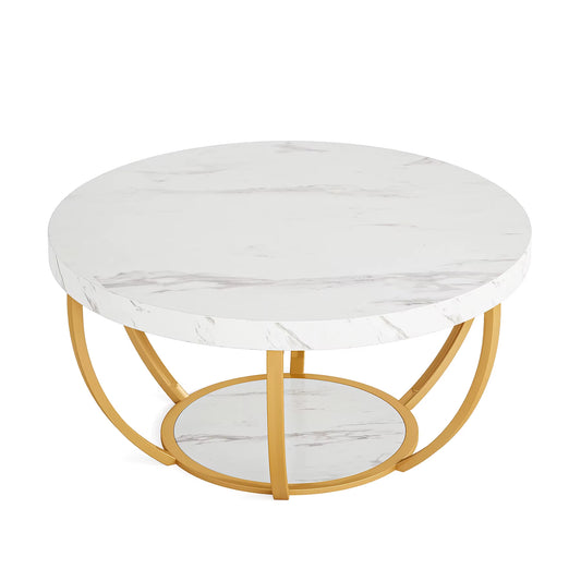 31.7" round Coffee Table, Industrial 2-Tier Circle Coffee Table with Storage Shelves, Modern Wooden Sofa Side Table