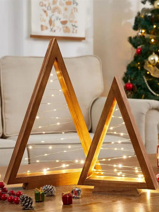 2Pcs/Set Wood Christmas Tree with Lights, Modern Farmhouse Lighted Tabletop Christmas Tree for Christmas Holiday Decorations