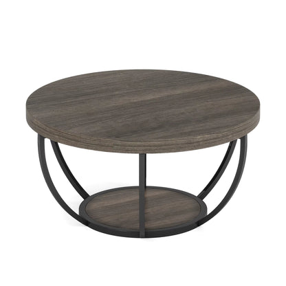 31.7" round Coffee Table, Industrial 2-Tier Circle Coffee Table with Storage Shelves, Modern Wooden Sofa Side Table