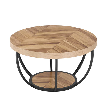 31.7" round Coffee Table, Industrial 2-Tier Circle Coffee Table with Storage Shelves, Modern Wooden Sofa Side Table
