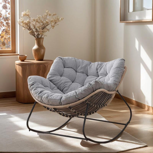 Outdoor/Indoor Rocking Chair,Papasan Chair,Outdoor Patio Porch Furniture,Rattan Wicker Lounge Chair Indoor,Rocker Egg Chair For